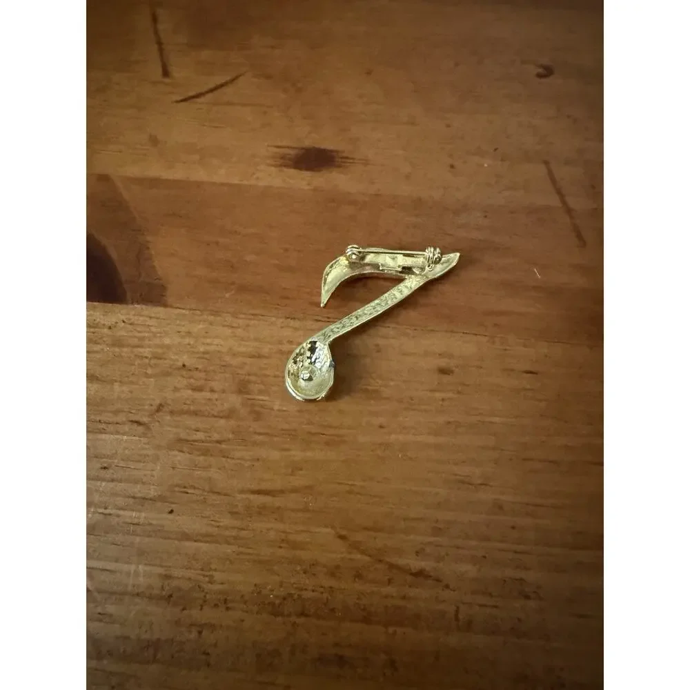 Vintage Gold Tone Musical Note Brooch Rhinestone Eighth Note Music Lover Pin